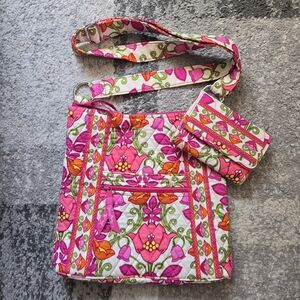 Vera Bradley Lili Belle Pink / Orange Hipster Crossbody Bag And Matching Wallet